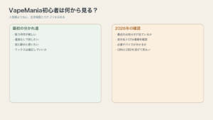 VapeMania初心者がカテゴリの入口と2026年の確認順を知るための図解