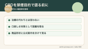 CBDを禁煙目的で語る前に期待しすぎないための確認点をまとめた図解