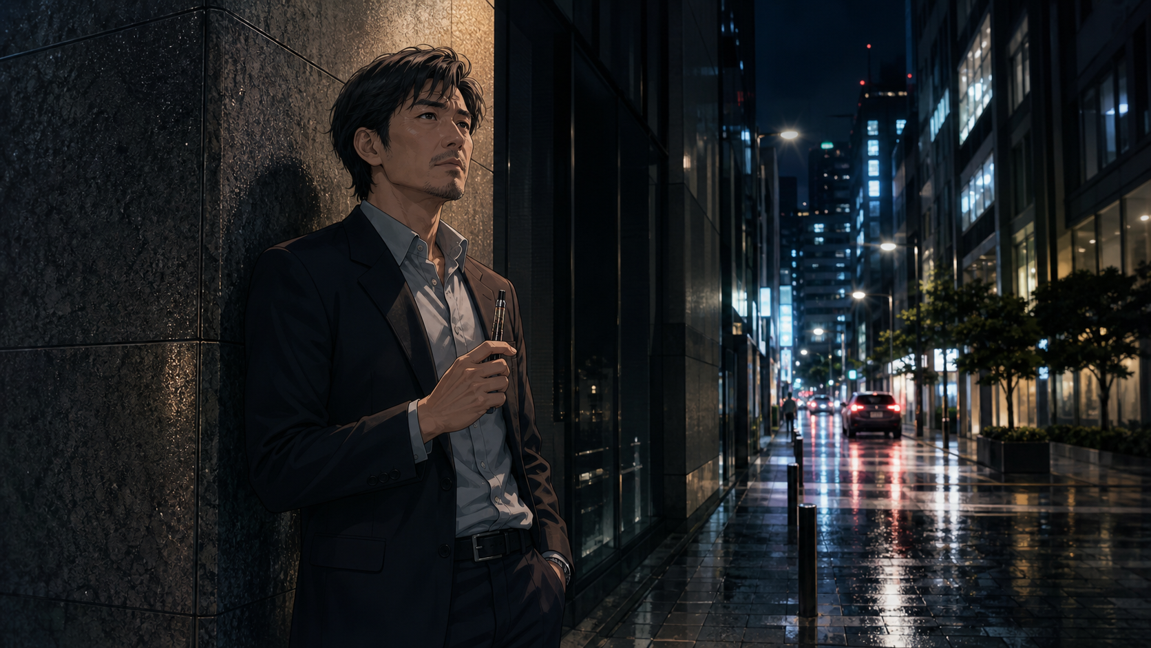夜のビルの片隅でカートリッジ式ベイプを手にする成人男性のリアル寄りアニメ調イメージ