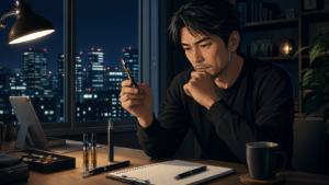 夜の部屋でCBDカートリッジと510バッテリーを比較する成人男性のリアル寄りアニメ調アイキャッチ