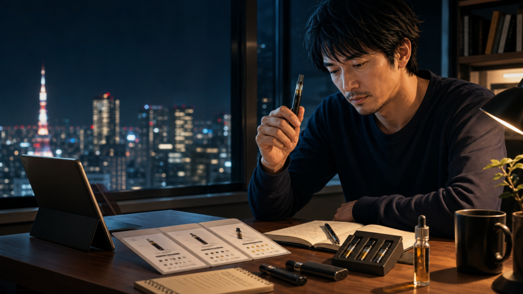 夜の部屋でCBDベイプ販売店を比較する成人男性とカートリッジ式ベイプのリアル寄りアニメ調アイキャッチ