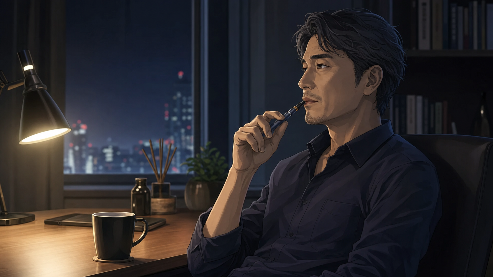 夜の部屋でカートリッジ式ベイプを手にする成人男性のリアル寄りアニメ調イメージ