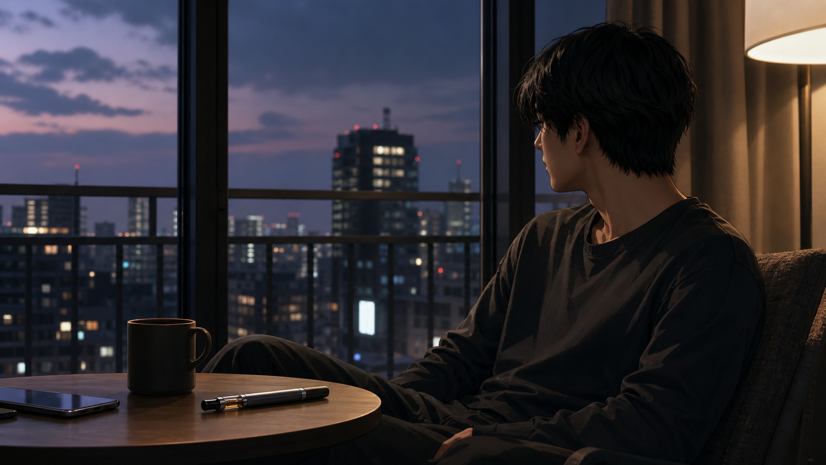 夜の窓辺でCBDベイプを置いて考える成人男性のリアル寄りアニメ調イメージ