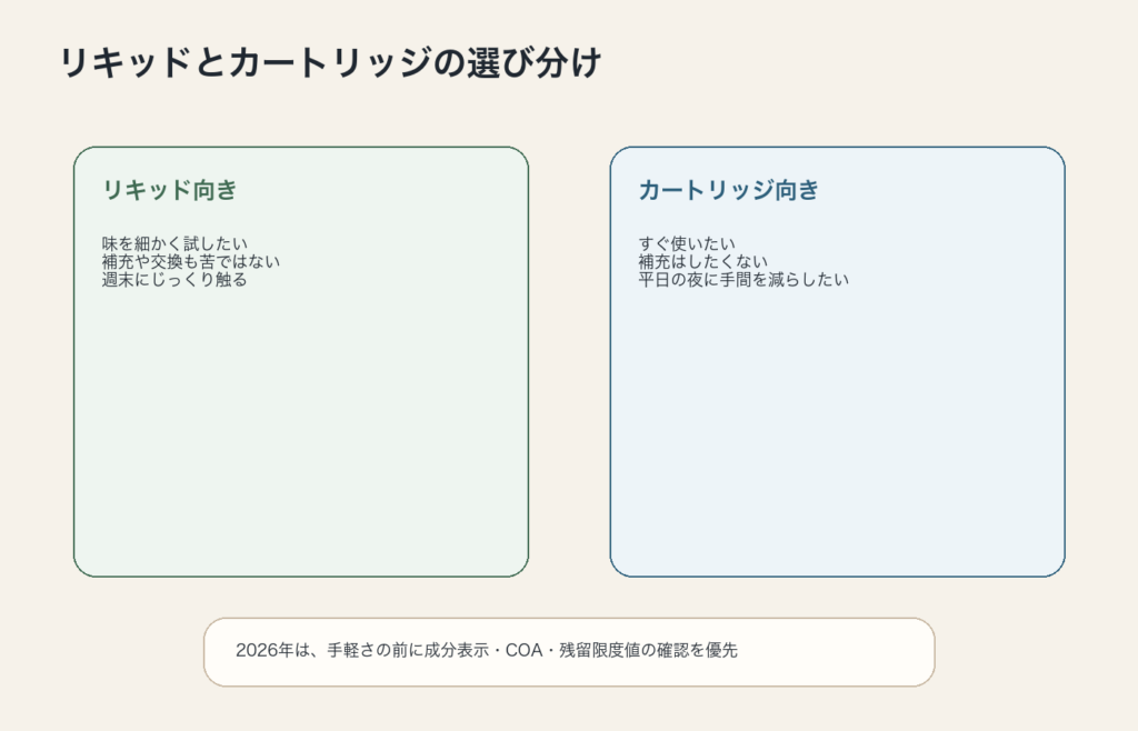 CBDベイプのリキッドとカートリッジの選び分けをまとめた図解