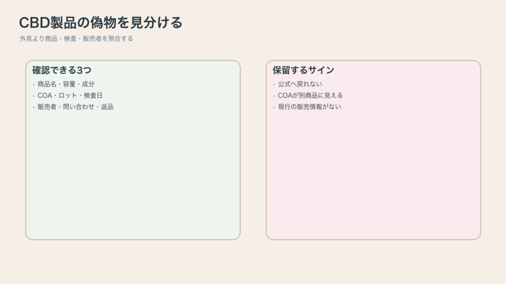 CBD製品の偽物確認の結論を整理した図解