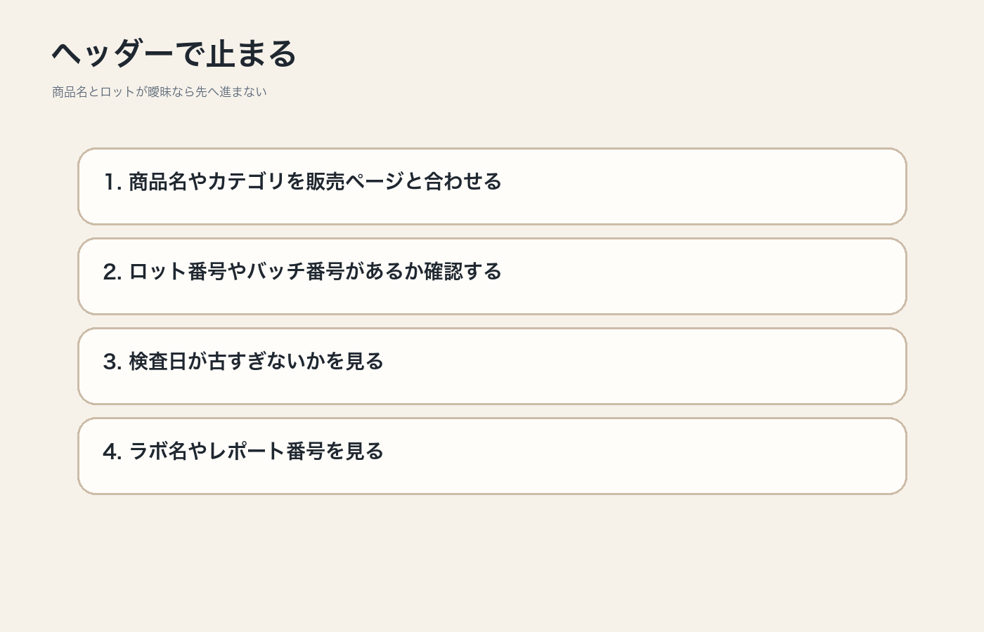 CBDのCOAで商品名とロットと検査日を先に確認する図解