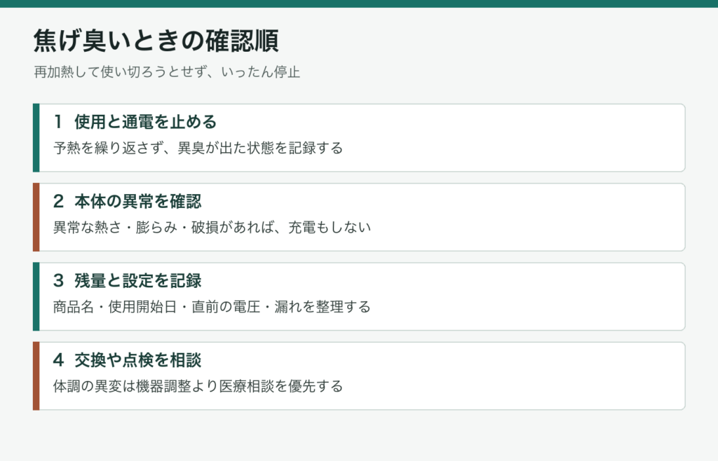 焦げた味を感じたら停止し、本体の異常、残量、設定を確認して相談する図解