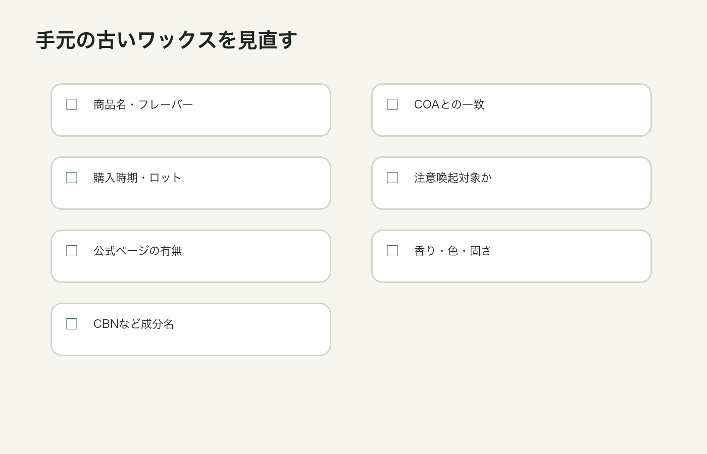 手元の古いCBDワックスを確認するチェックリスト図解