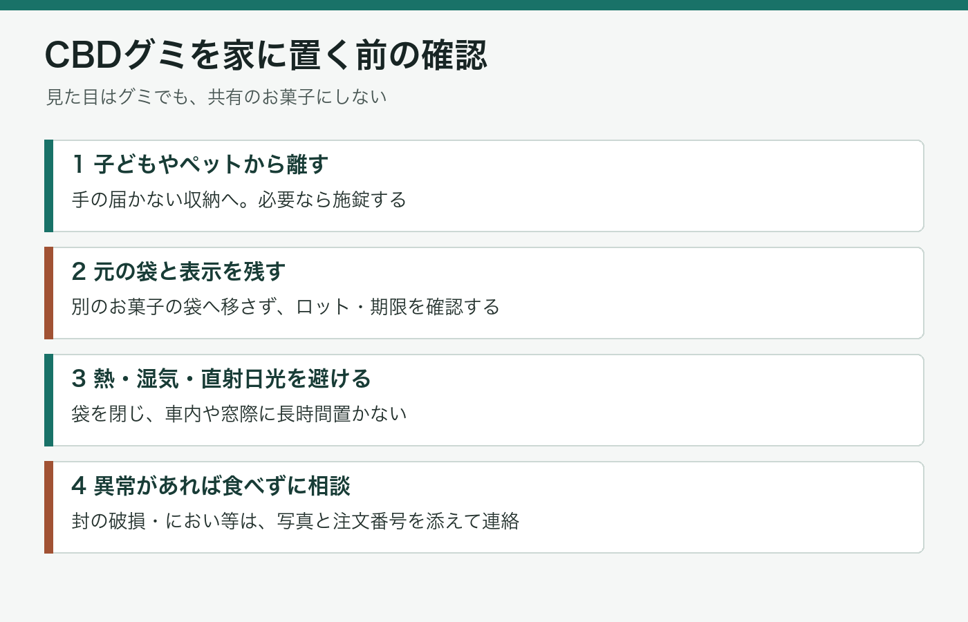 CBDグミを食品と分け、子どもの手が届かない場所で保管する確認図